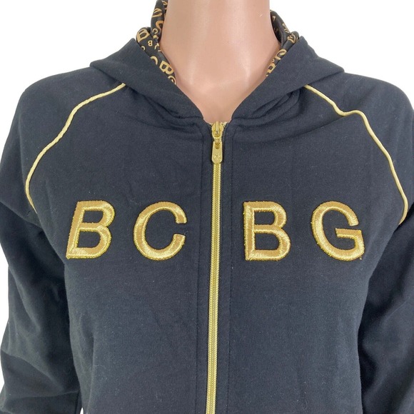 BCBGMaxazria Sweat Jacket Womens Large Black Gold Embroidered Spellout Full Zip - Picture 6 of 11